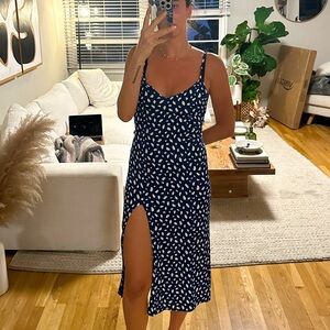 Reformation Navy Blue and White Printed Slip Dress